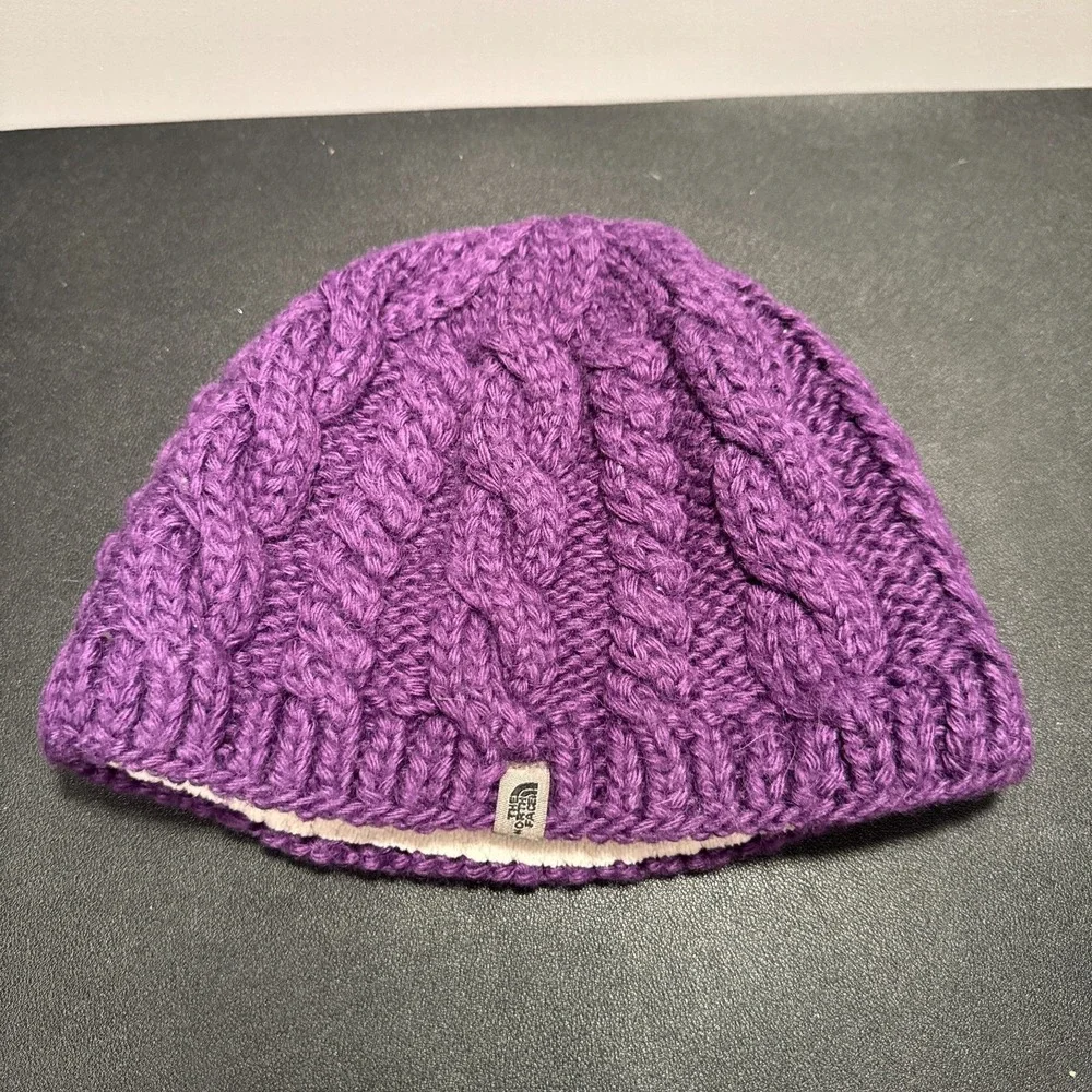 The North Face Beanie Purple Hat Crap Cable‎ Knit Alpaca Wool Blend Fleece Lined